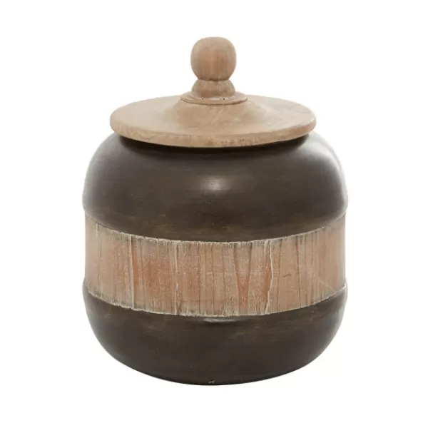 Decorative Bowls & Jars-Kirkland's Home Mahogany Wood And Metal Jar With Lid, 11 In. Brown/Tan