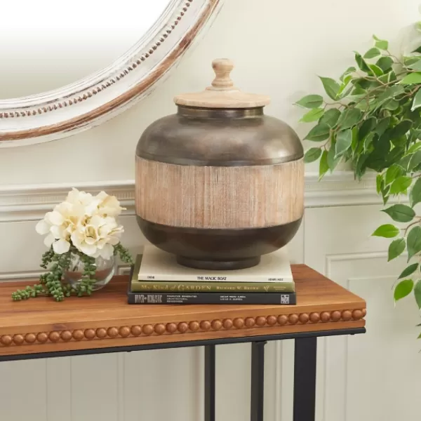 Decorative Bowls & Jars-Kirkland's Home Mahogany Wood And Metal Jar With Lid, 14 In. Brown/Tan