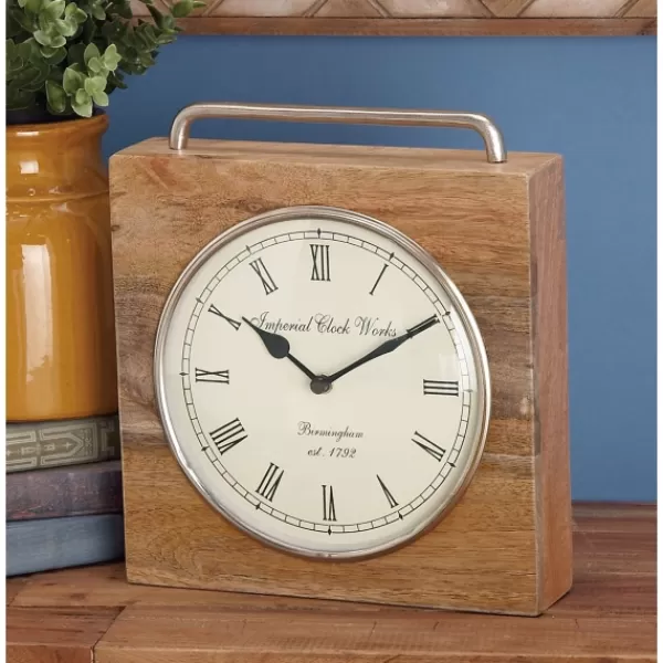 Decorative Accents-Kirkland's Home Mango Wood Square Handled Tabletop Clock Brown