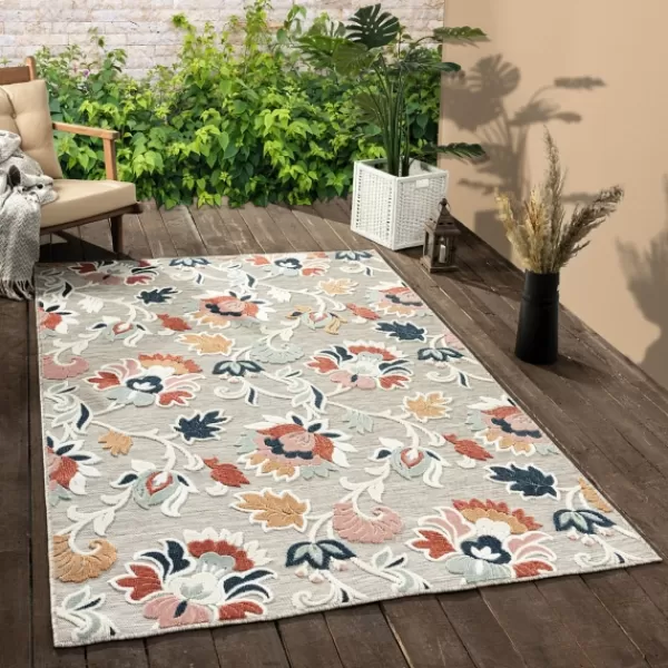 Outdoor Rugs-Kirkland's Home Mara Floral Blossom Indoor/Outdoor Area Rug, 5X7 Gray/White/Multi