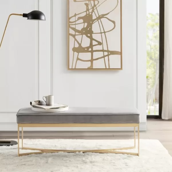 Entryway Furniture-Kirkland's Home Martha Stewart Upholstered Gold Metal Base Bench Gray