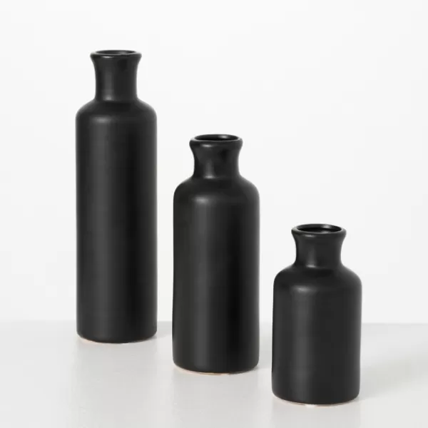 Vases-Kirkland's Home Matte Ceramic Vases, Set Of 3 Black