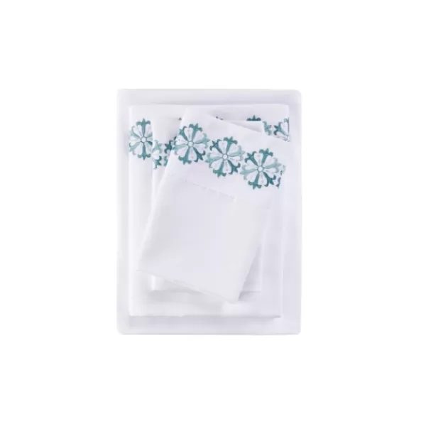 Bed Sheets-Kirkland's Home Medallion Hem Microfiber 4-Pc. Full Sheet Set White/Blue