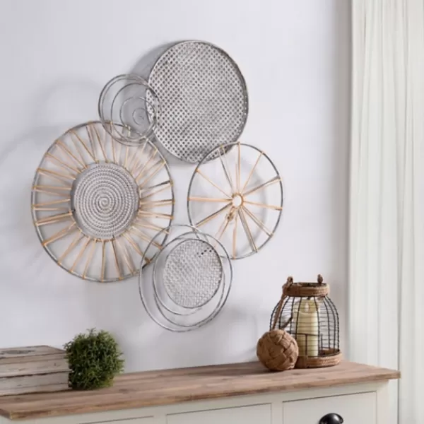 Wall Plaques-Kirkland's Home Metal And Rattan Cord Discs Wall Sculpture Gray