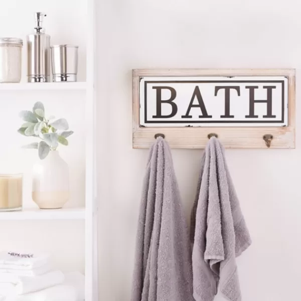 Hooks-Kirkland's Home Metal And Wood Bath Sign With Hooks