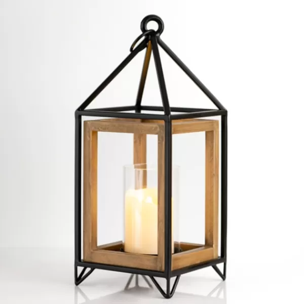 Lanterns-Kirkland's Home Metal And Wood House Frame Lantern, 16 In. Brown/Black