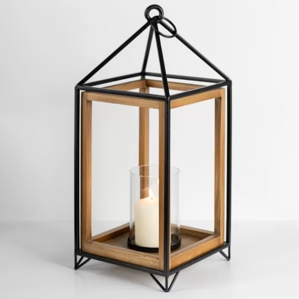 Lanterns-Kirkland's Home Metal And Wood House Frame Lantern, 21 In. Brown/Black