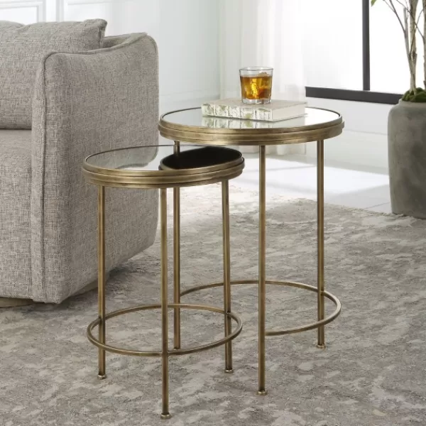 Accent & End Tables-Kirkland's Home Metal Mirror Top 2-Pc. Nesting Side Table Set Gold