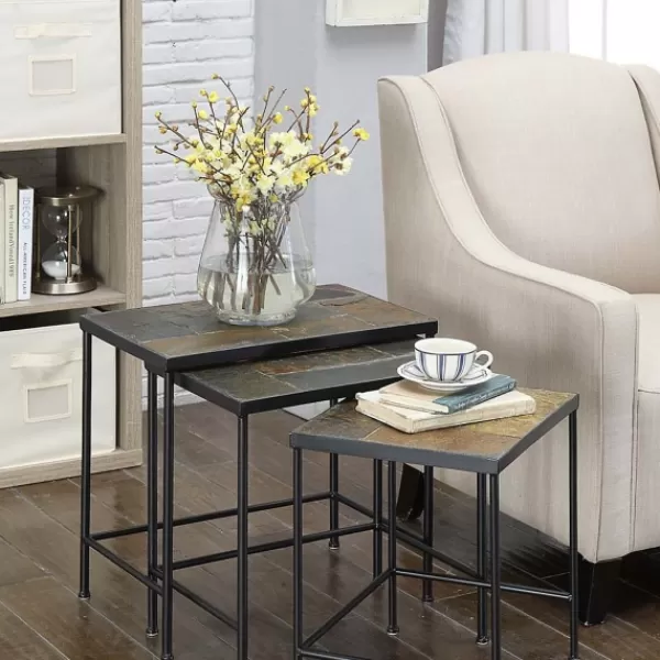 Accent & End Tables-Kirkland's Home Metal Nesting Slate Top Accent Tables, Set Of 3 Black