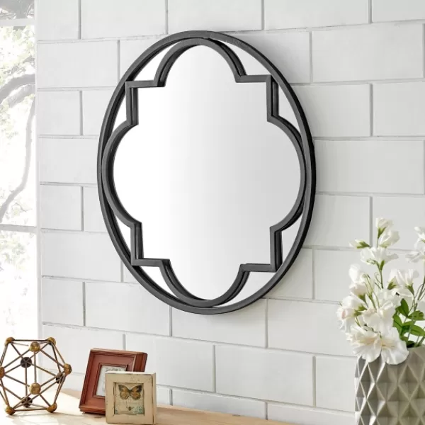 Decorative Mirrors-Kirkland's Home Metal Quatrefoil Round Frame Wall Mirror Black