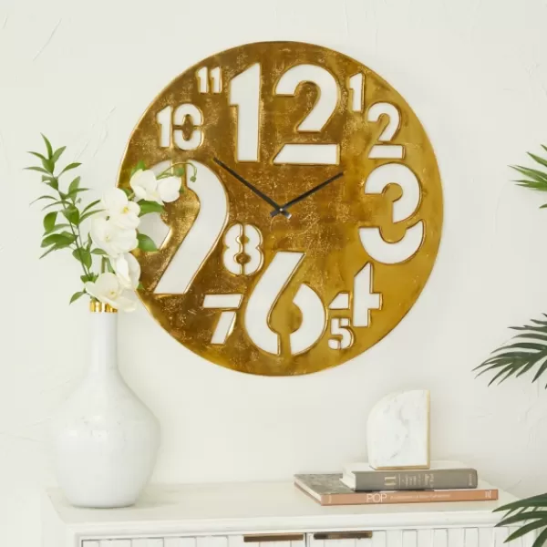 Clocks-Kirkland's Home Metal Round Frame Cutout Numerals Clock Gold