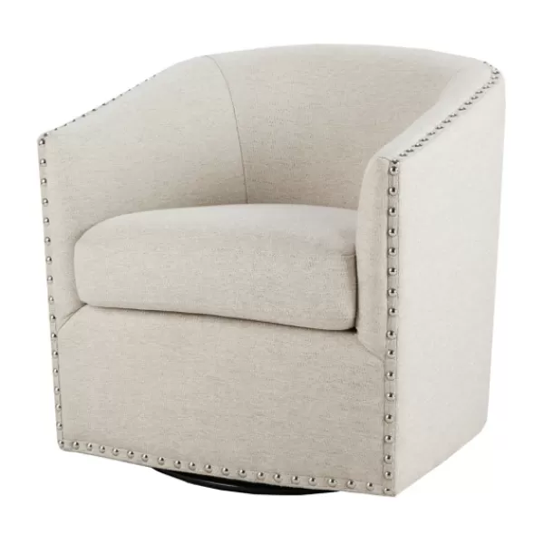 Accent Chairs-Kirkland's Home Metro Club Natural Swivel Chair With Nailhead Trim White