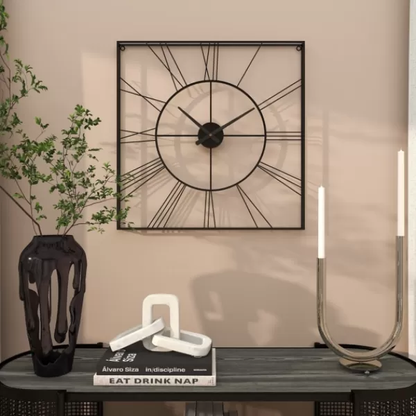 Clocks-Kirkland's Home Minimal Square Open Face Clock Black