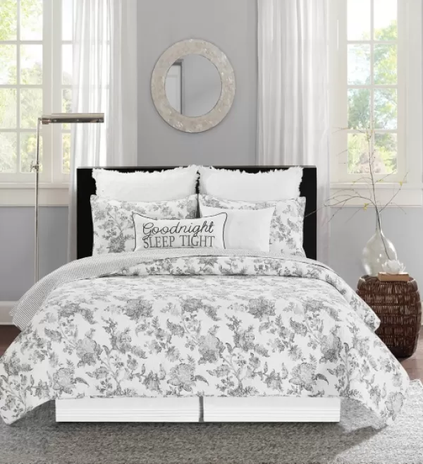 Quilts-Kirkland's Home Miriam Floral & Stripe 3-Pc. King Quilt Set Gray/White