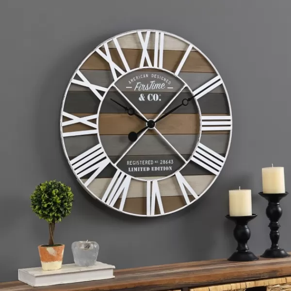 Clocks-Kirkland's Home Mixed Planks And White Wooden Wall Clock