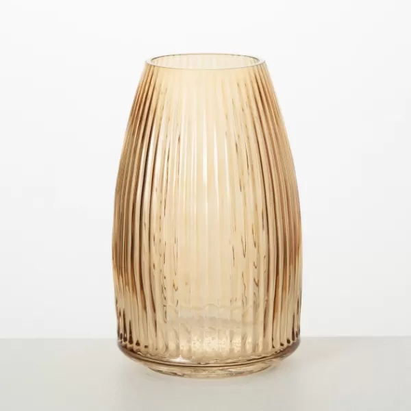 Vases-Kirkland's Home Modern Amber Ribbed Glass Vase Brown