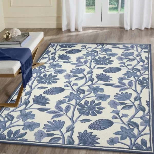 Outdoor Rugs-Kirkland's Home Modern Blue Floral Vines Outdoor Area Rug, 5X7 Blue/Ivory