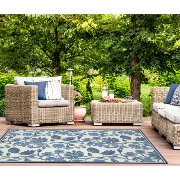 Outdoor Rugs-Kirkland's Home Modern Blue Floral Vines Outdoor Area Rug, 5X7 Blue/Ivory