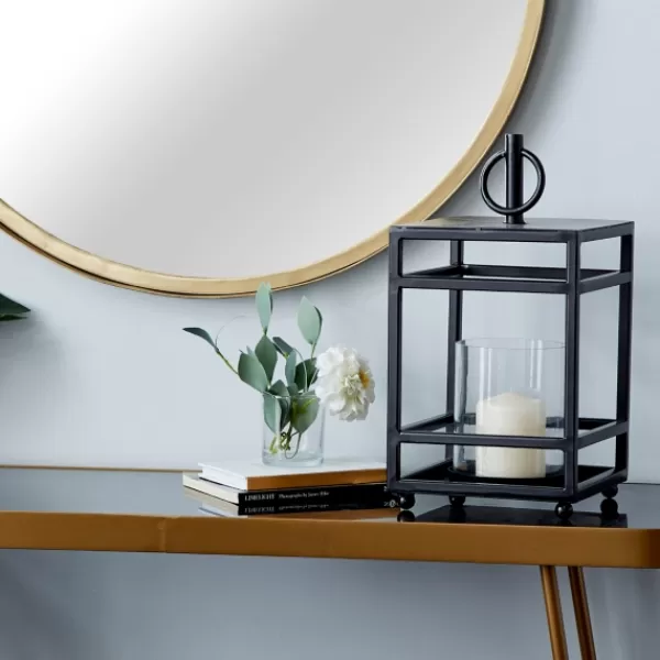 Lanterns-Kirkland's Home Modern Vintage Iron Framed Lantern, 15 In. Black