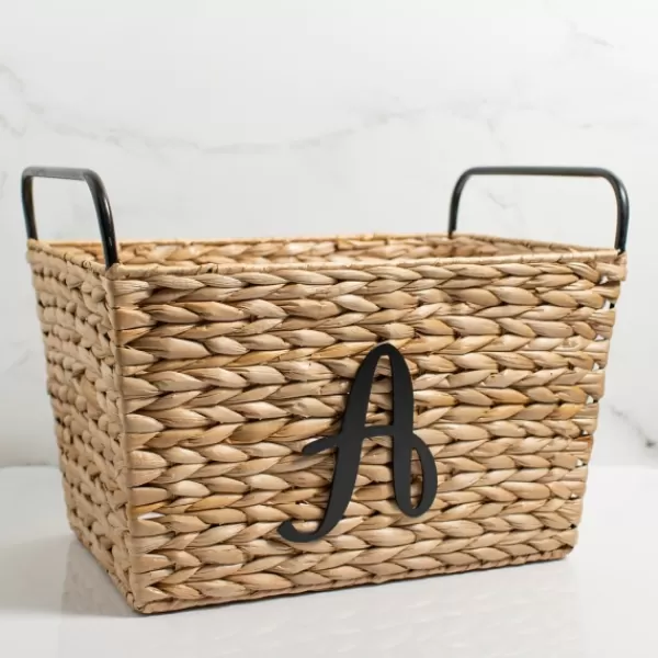 Baskets & Boxes-Kirkland's Home Monogram A Woven Rat Metal Handle Basket Tan