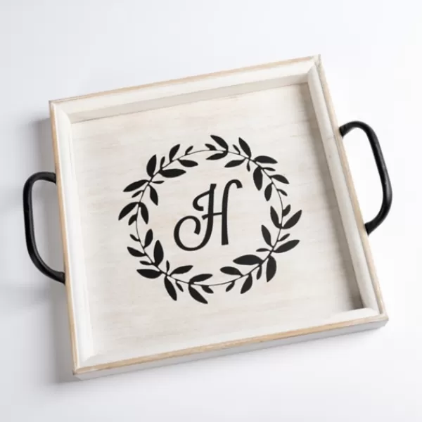 Decorative Trays-Kirkland's Home Monogram H Wood Tray With Handles White