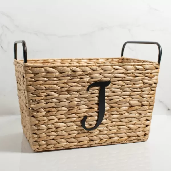 Baskets & Boxes-Kirkland's Home Monogram J Woven Rat Metal Handle Basket Tan