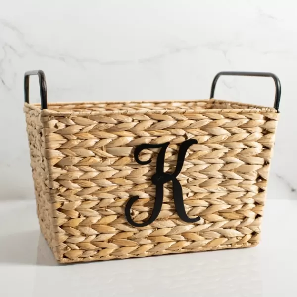 Baskets & Boxes-Kirkland's Home Monogram K Woven Rat Metal Handle Basket Tan