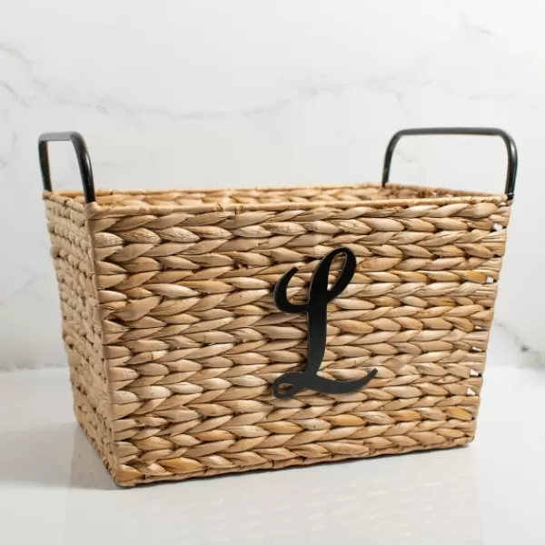 Baskets & Boxes-Kirkland's Home Monogram L Woven Rat Metal Handle Basket Tan