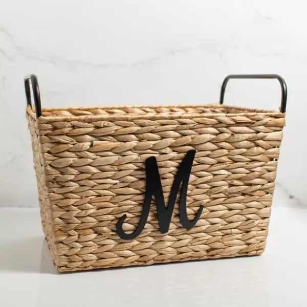 Baskets & Boxes-Kirkland's Home Monogram M Woven Rat Metal Handle Basket Tan