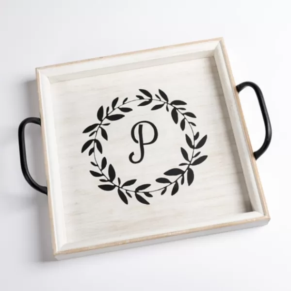 Decorative Trays-Kirkland's Home Monogram P Wood Tray With Handles White