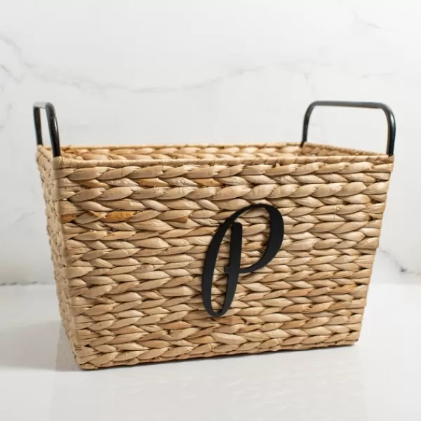 Baskets & Boxes-Kirkland's Home Monogram P Woven Rat Metal Handle Basket Tan