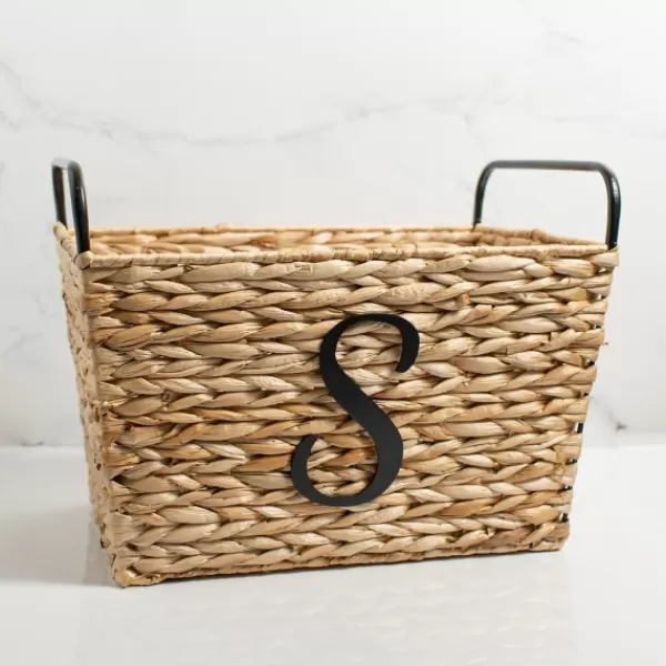 Baskets & Boxes-Kirkland's Home Monogram S Woven Rat Metal Handle Basket Tan