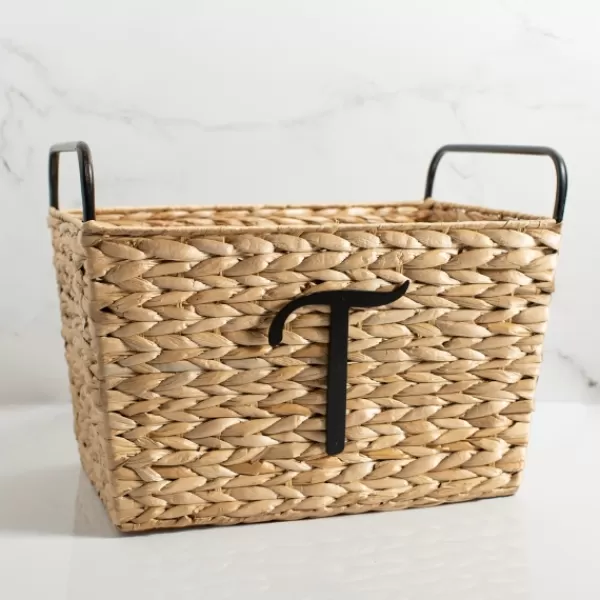 Baskets & Boxes-Kirkland's Home Monogram T Woven Rat Metal Handle Basket Tan