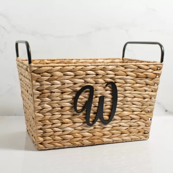 Baskets & Boxes-Kirkland's Home Monogram W Woven Rat Metal Handle Basket Tan