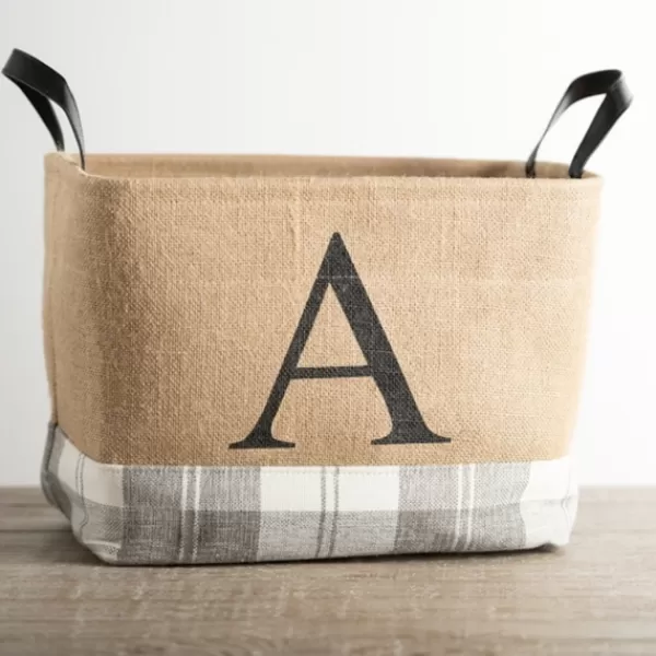 Baskets & Boxes-Kirkland's Home Monogrammed A Gray Plaid Leather Handle Jute Bin Tan