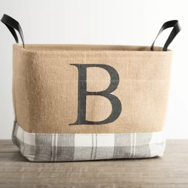 Baskets & Boxes-Kirkland's Home Monogrammed B Gray Plaid Leather Handle Jute Bin Tan