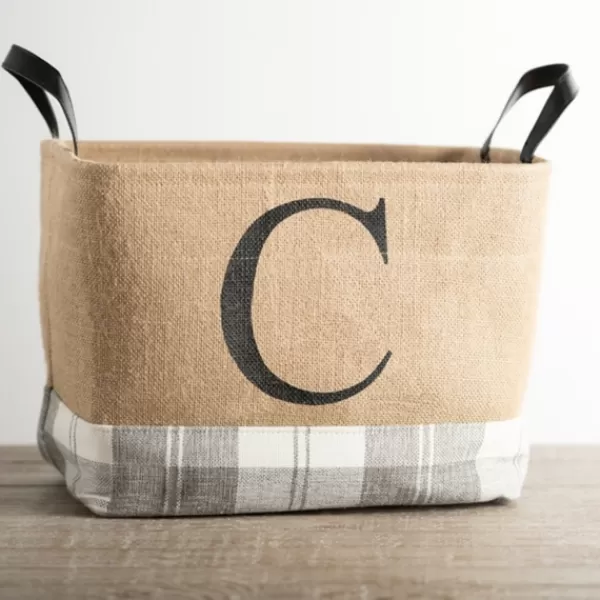 Baskets & Boxes-Kirkland's Home Monogrammed C Gray Plaid Leather Handle Jute Bin Tan