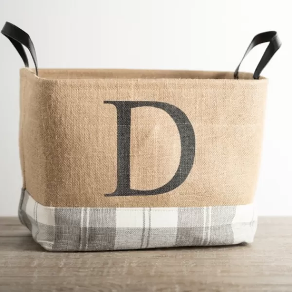 Baskets & Boxes-Kirkland's Home Monogrammed D Gray Plaid Leather Handle Jute Bin Tan