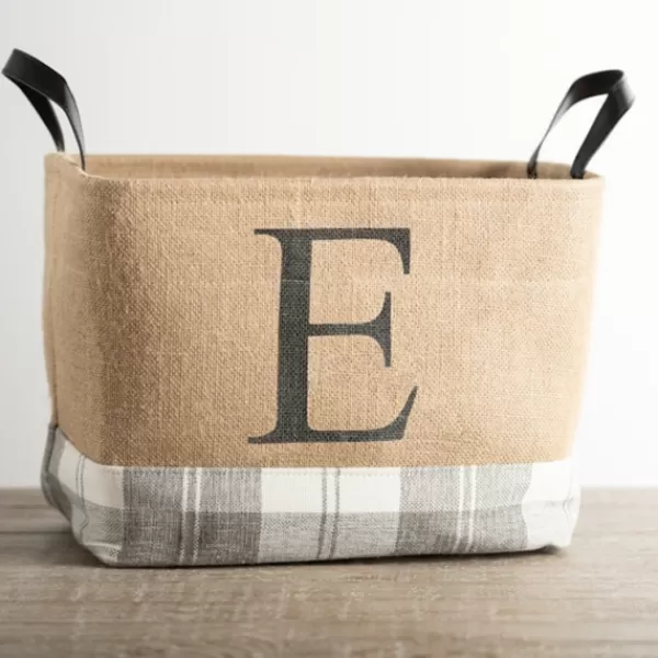 Baskets & Boxes-Kirkland's Home Monogrammed E Gray Plaid Leather Handle Jute Bin Tan