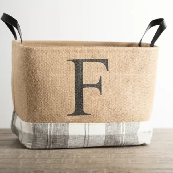 Baskets & Boxes-Kirkland's Home Monogrammed F Gray Plaid Leather Handle Jute Bin Tan