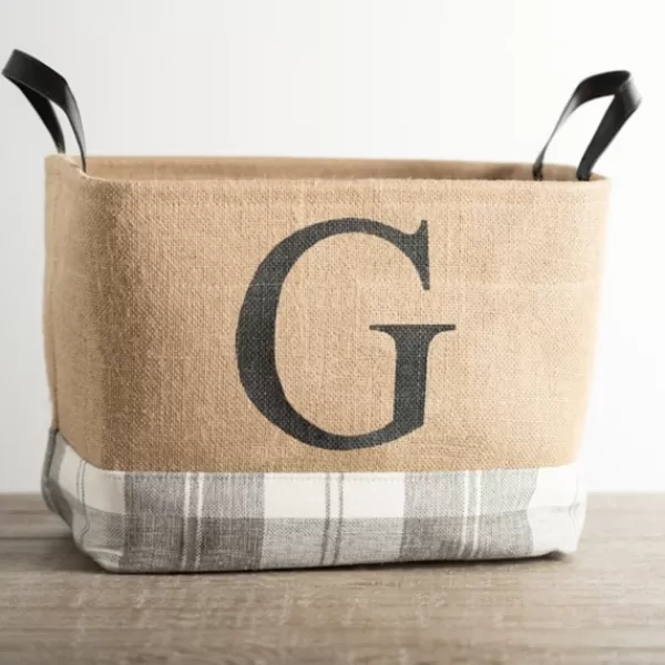 Baskets & Boxes-Kirkland's Home Monogrammed G Gray Plaid Leather Handle Jute Bin Tan