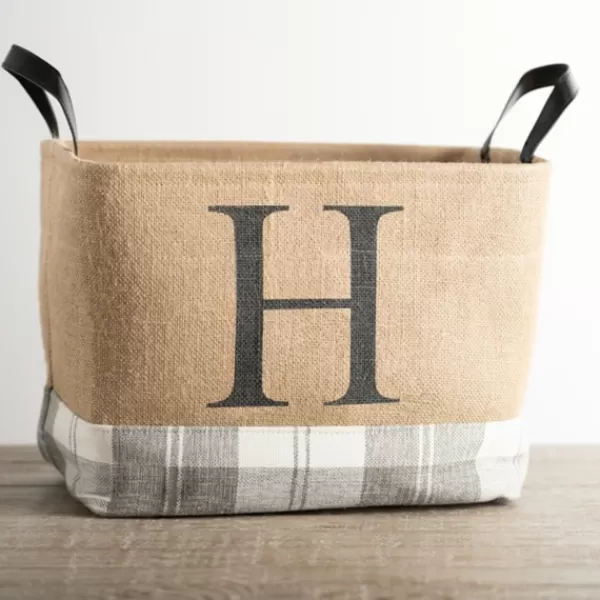 Baskets & Boxes-Kirkland's Home Monogrammed H Gray Plaid Leather Handle Jute Bin Tan