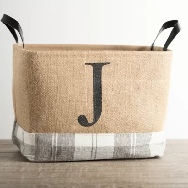 Baskets & Boxes-Kirkland's Home Monogrammed J Gray Plaid Leather Handle Jute Bin Tan