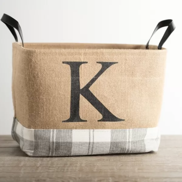 Baskets & Boxes-Kirkland's Home Monogrammed K Gray Plaid Leather Handle Jute Bin Tan