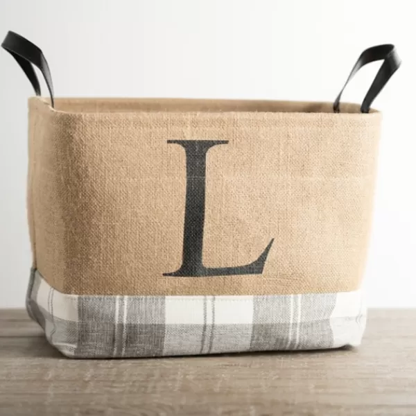 Baskets & Boxes-Kirkland's Home Monogrammed L Gray Plaid Leather Handle Jute Bin Tan