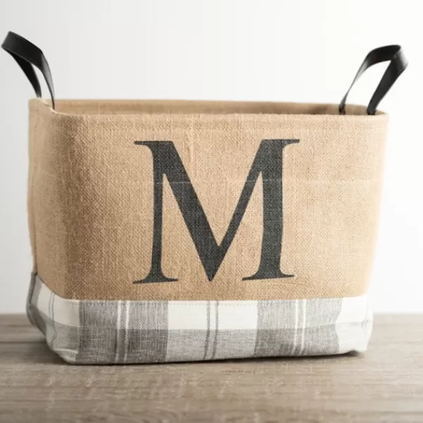 Baskets & Boxes-Kirkland's Home Monogrammed M Gray Plaid Leather Handle Jute Bin Tan