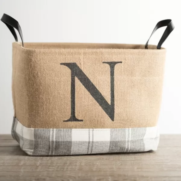 Baskets & Boxes-Kirkland's Home Monogrammed N Gray Plaid Leather Handle Jute Bin Tan