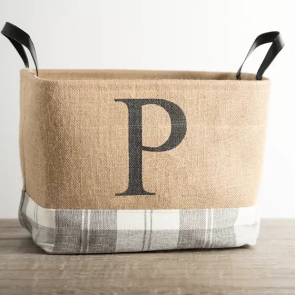 Baskets & Boxes-Kirkland's Home Monogrammed P Gray Plaid Leather Handle Jute Bin Tan