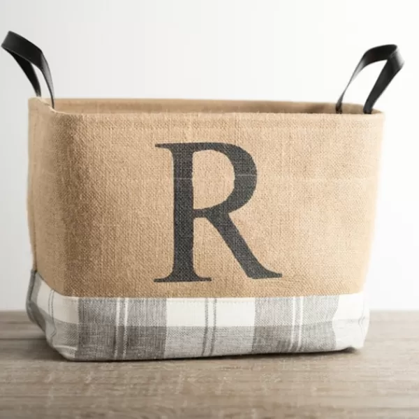 Baskets & Boxes-Kirkland's Home Monogrammed R Gray Plaid Leather Handle Jute Bin Tan