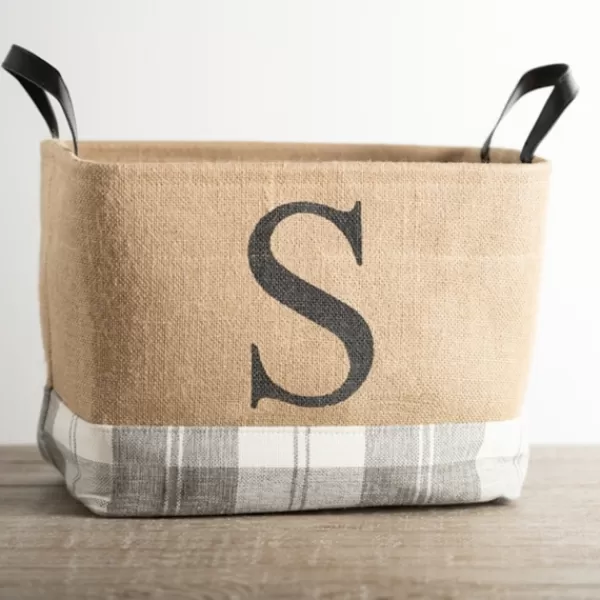 Baskets & Boxes-Kirkland's Home Monogrammed S Gray Plaid Leather Handle Jute Bin Tan